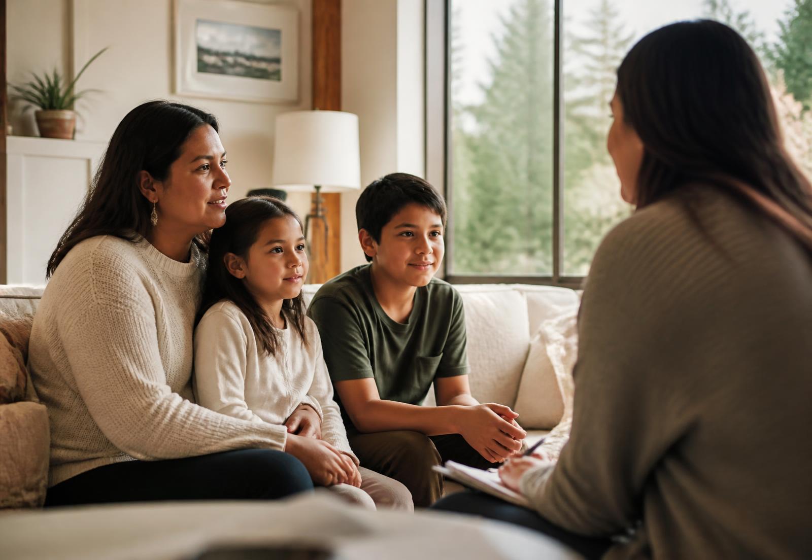 A parent and two children talking with a family support worker in a sunlit living room